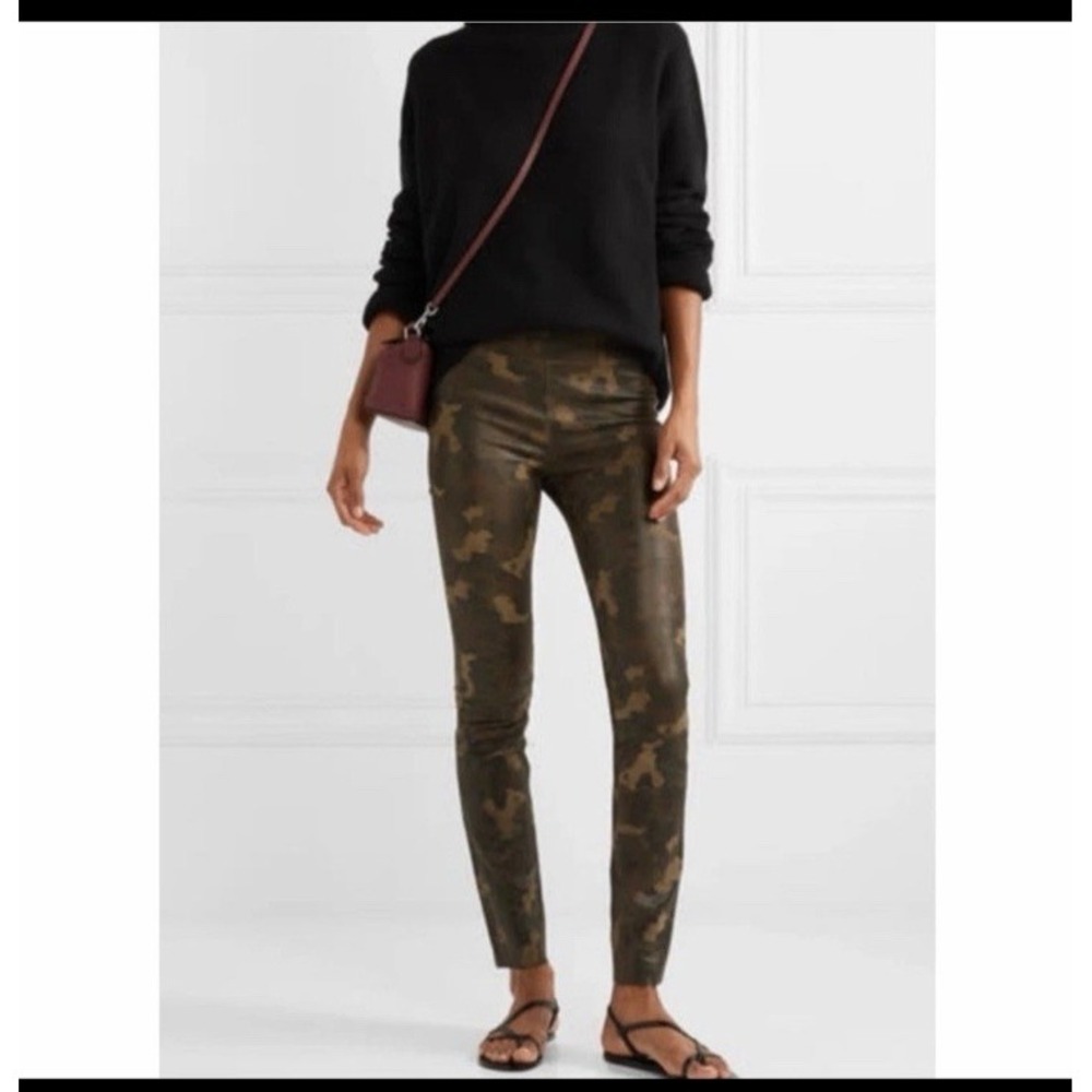 SPRWMN Camo Suede Ankle Leggings Women XS Brown Green Leather Mid Rise Skinny